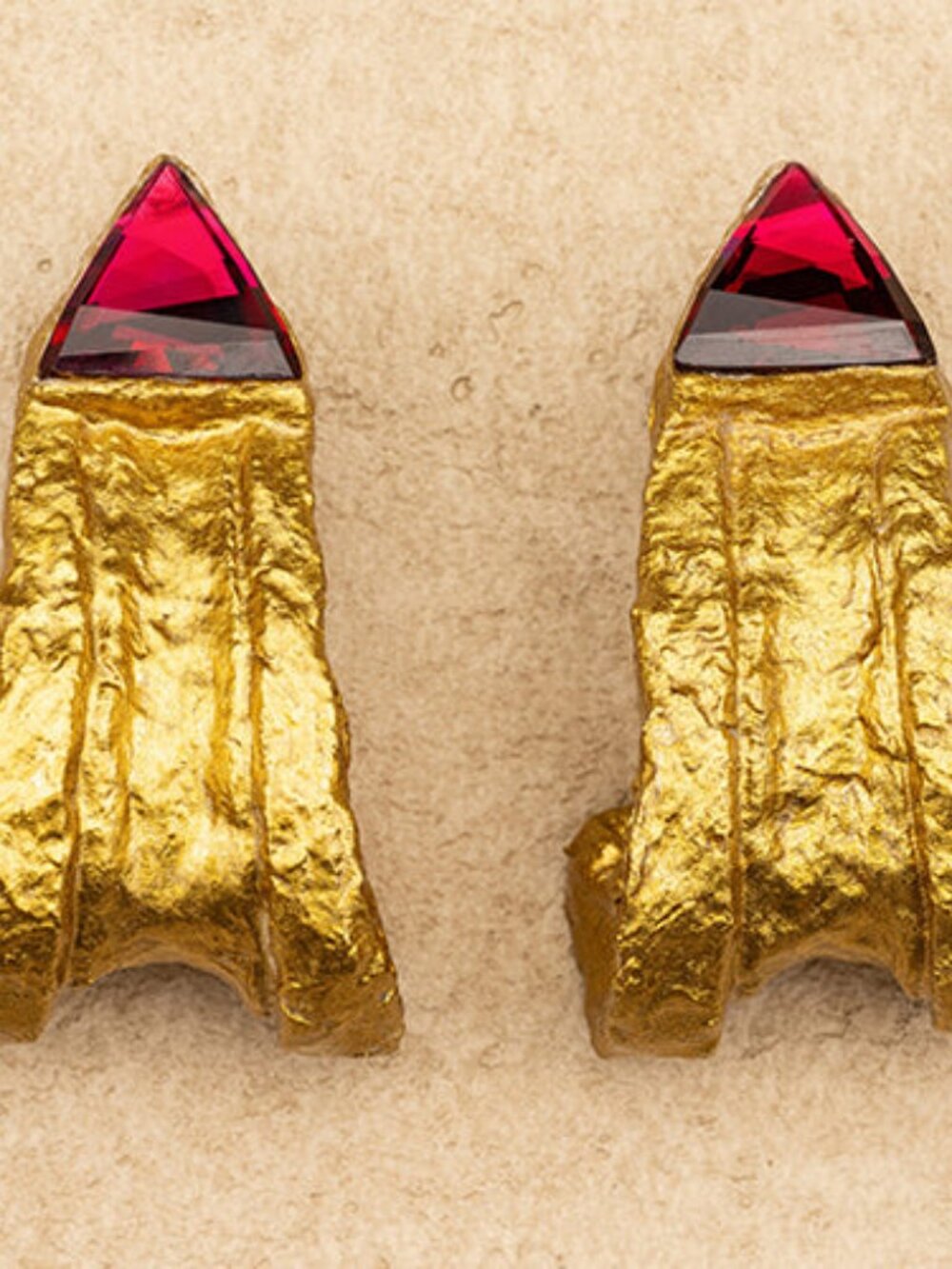 Handmade Papier-Mâché Gold Leaf Pyramid Earrings, Fuchsia Stone